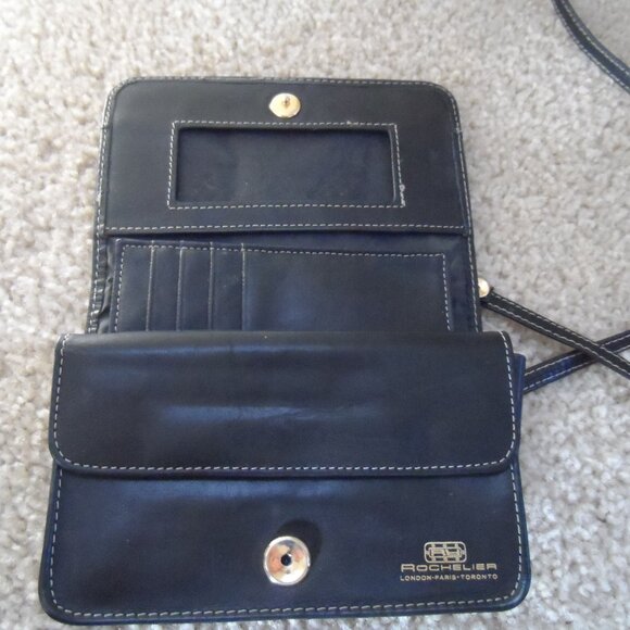 Rochelier Wallet Genuine Leather Straplet Black Card Holder Change Pocket Zipper - Picture 9 of 15